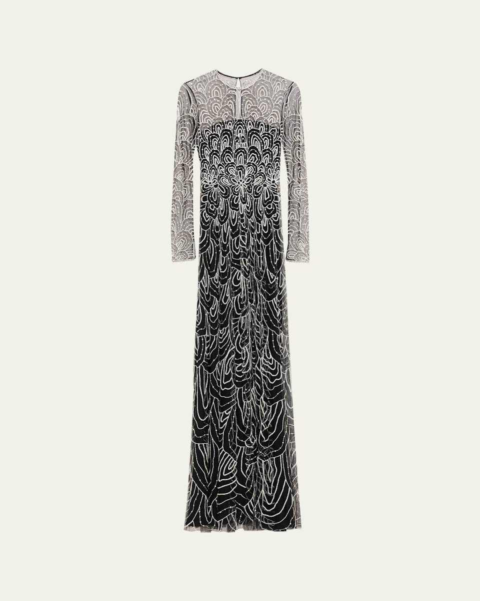 Scallop Embellished Long-Sleeve Illusion Gown